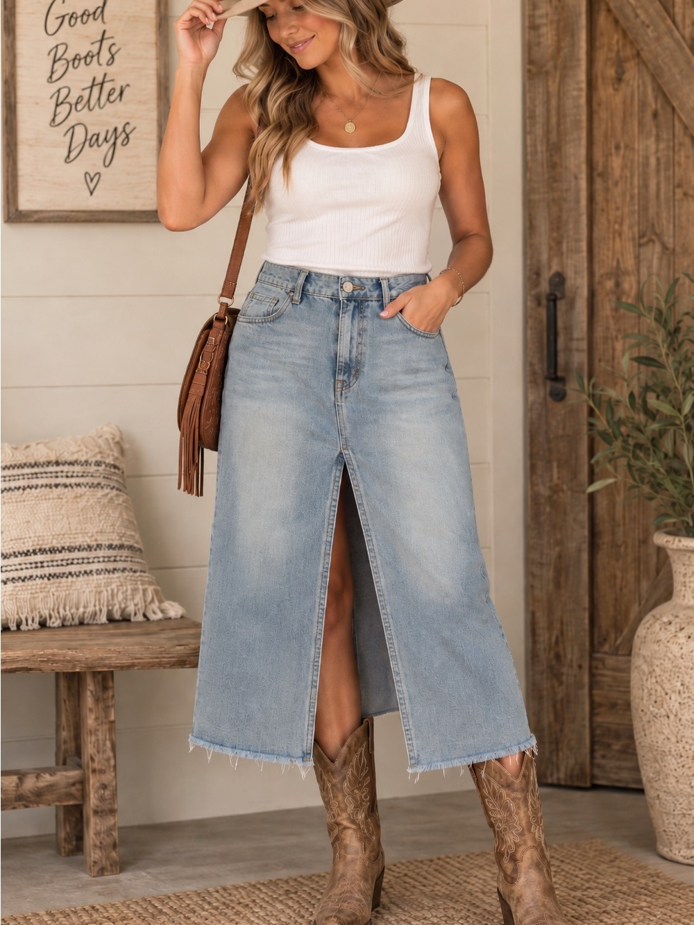 Driftwood Light Wash Denim Maxi Skirt Large Front Slit Raw Hem Boho Western NWT